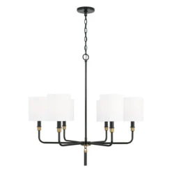 Beckham Glossy Black And Aged Brass Six-Light Chandelier With White Fabric Stay Straight Shades