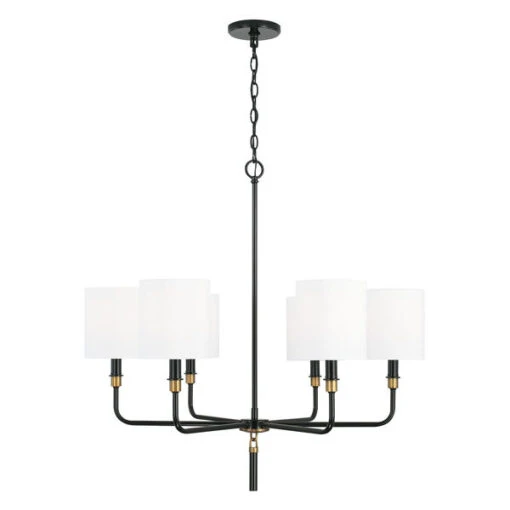 Beckham Glossy Black And Aged Brass Six-Light Chandelier With White Fabric Stay Straight Shades -Furniture Shop 123 441961YA 702