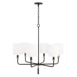 Beckham Glossy Black And Aged Brass Six-Light Chandelier With White Fabric Stay Straight Shades -Furniture Shop 123 441961YA 702 2