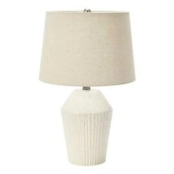 White One-Light 13-Inch Stoneware Round Desk Lamp