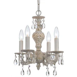 Hampton Antique White Ornate Mini Chandelier Draped With Clear Hand Cut Crystal
