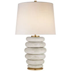 Phoebe Stacked Table Lamp In Antiqued White With Linen Shade By Kelly Wearstler